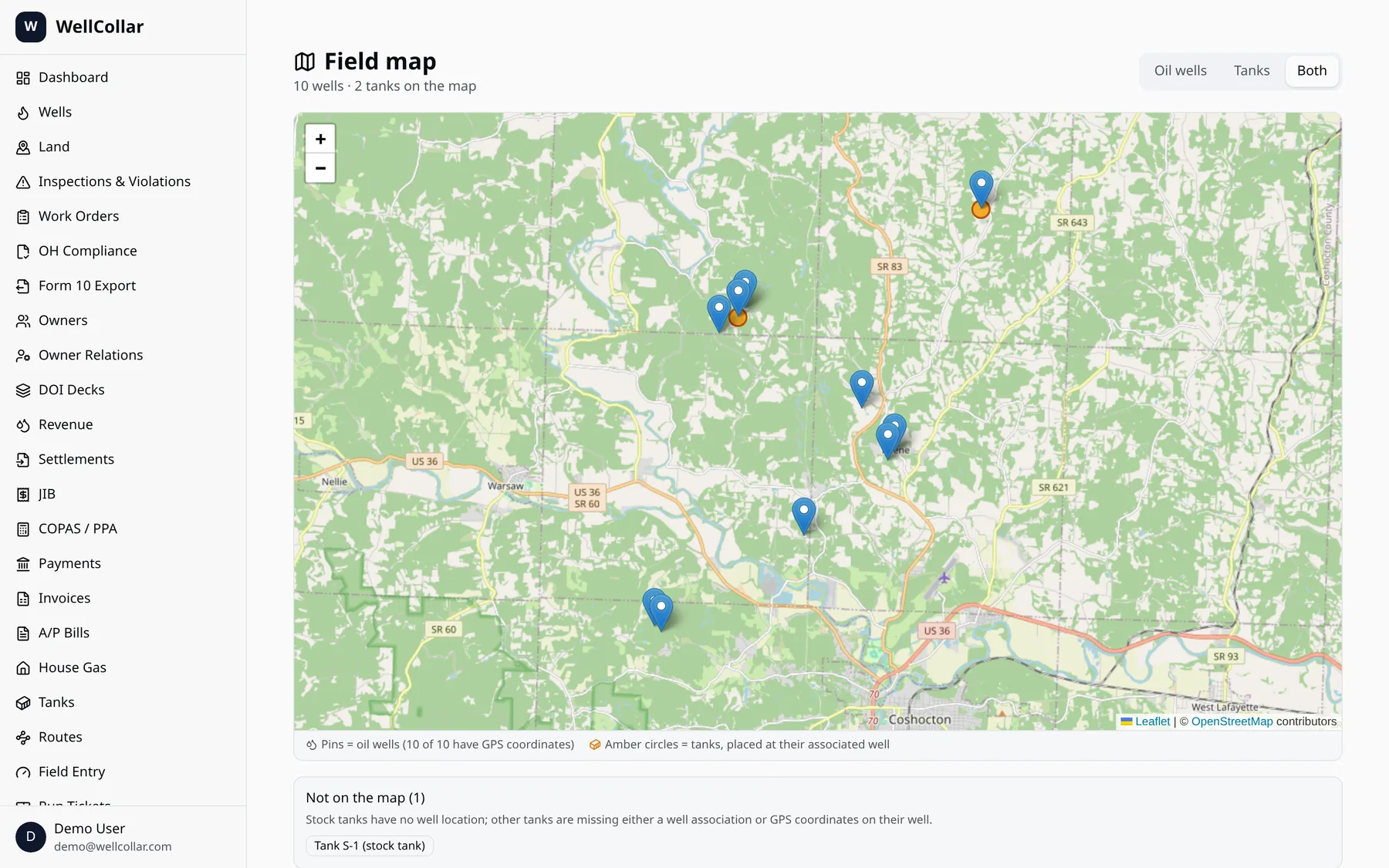WellCollar field map of wells and leases