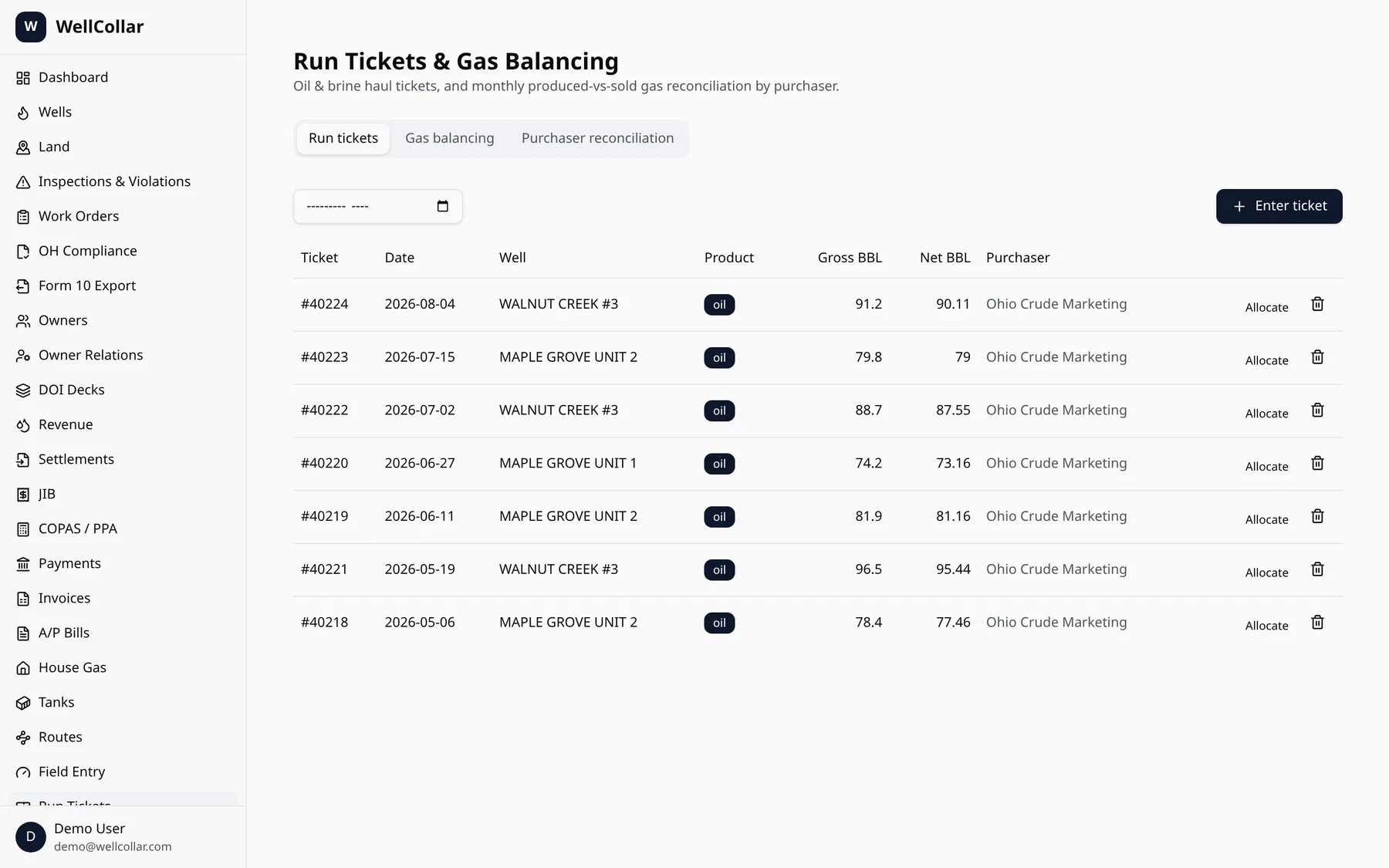 WellCollar run tickets entry screen