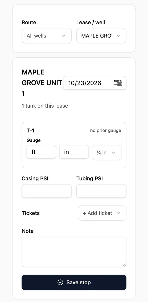 WellCollar field entry on a phone: gauge, pressures and tickets for one lease