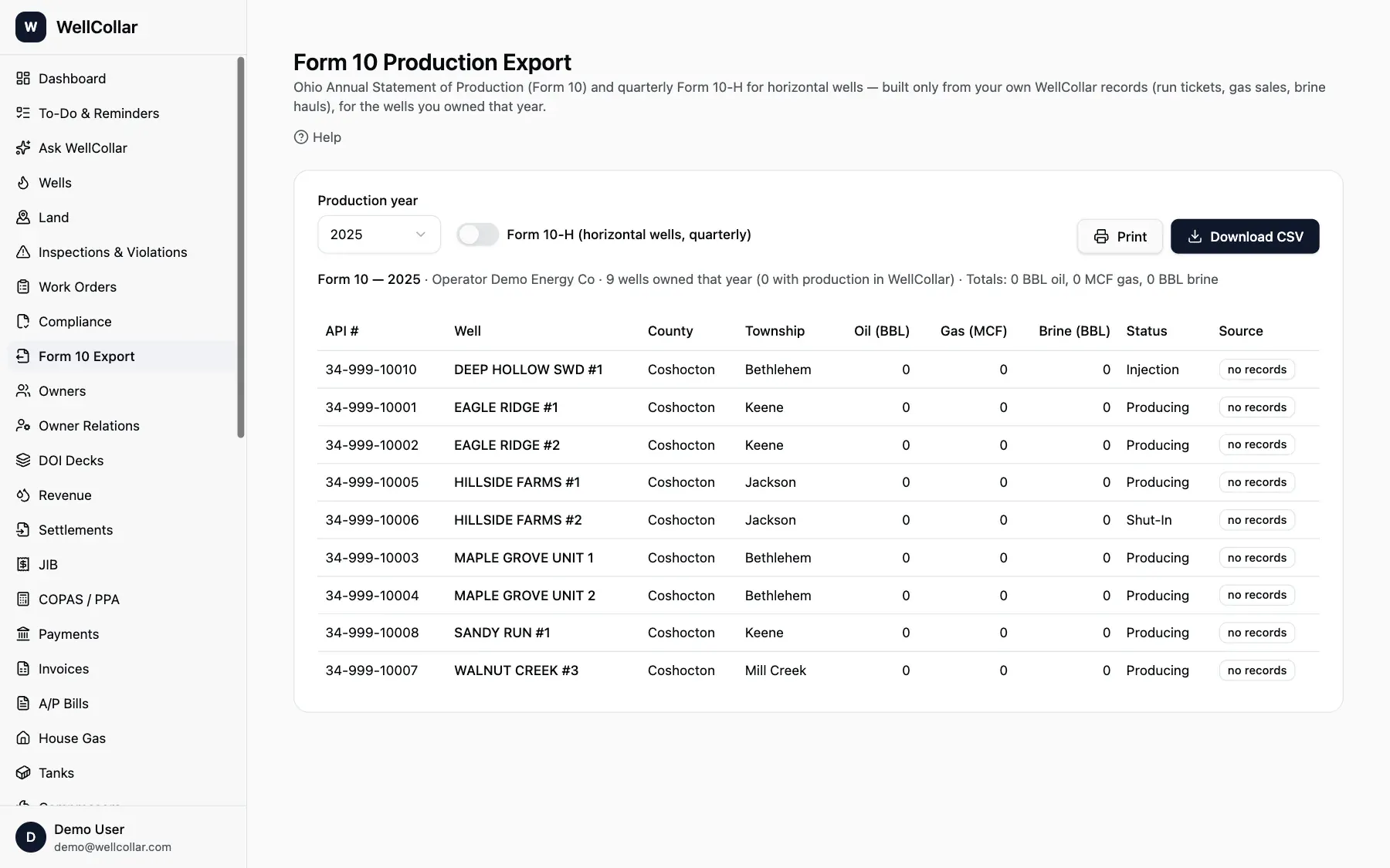 WellCollar Form 10 production export