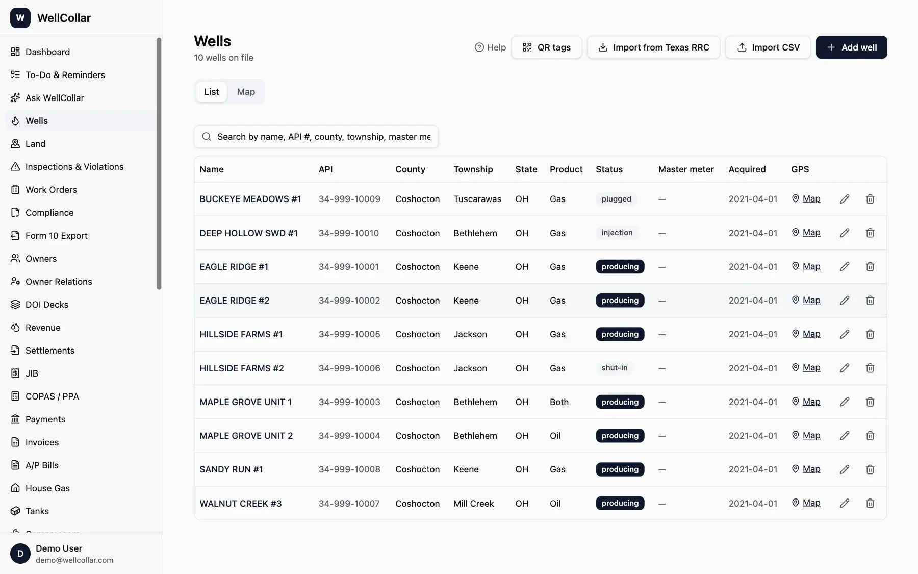 WellCollar wells list