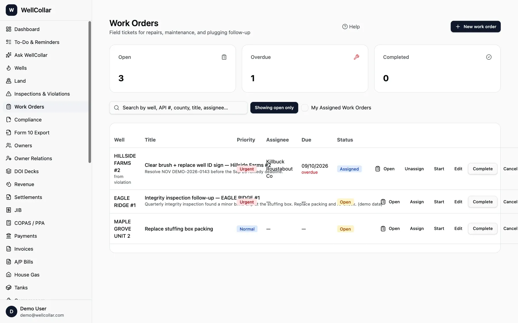 WellCollar work orders